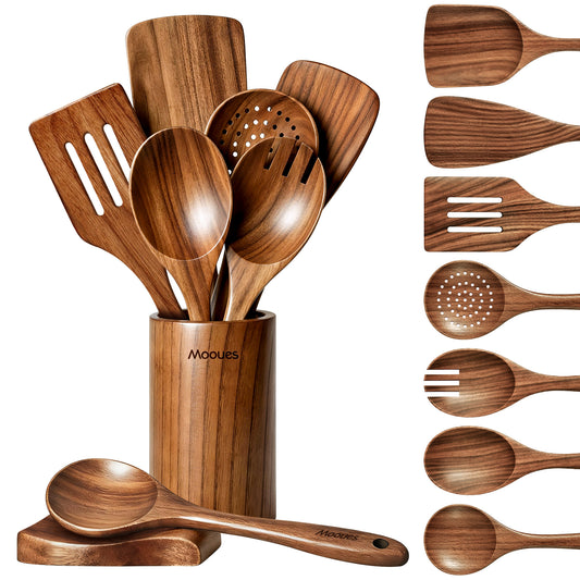9-Piece Natural Teak Utensil Set with Spoon Rest