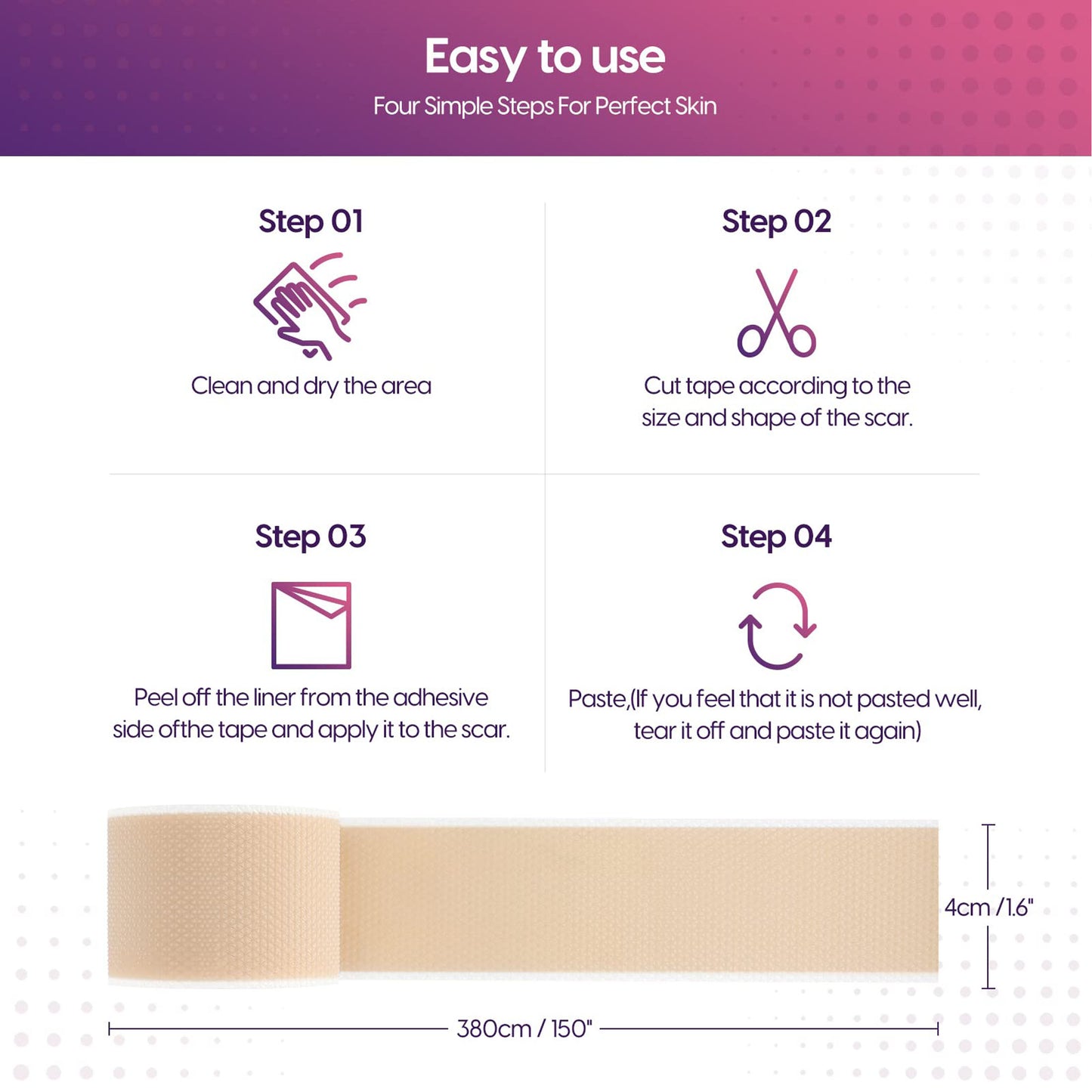 Silicone Scar Sheets (1.6” x 150” Roll-3.8M), Morfone Silicone Scar Tape