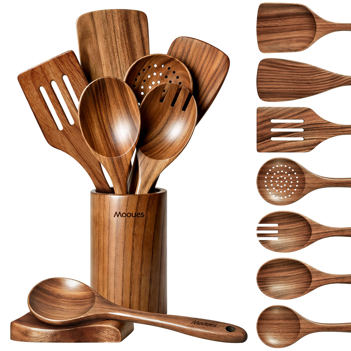 9-Piece Natural Teak Utensil Set with Spoon Rest