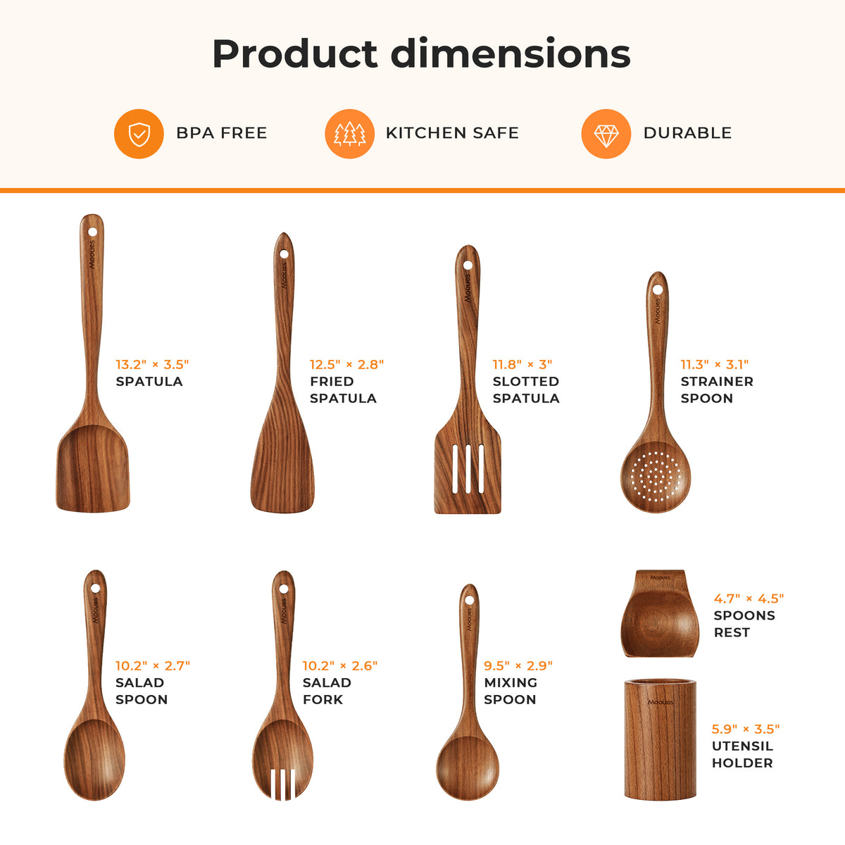 9-Piece Natural Teak Utensil Set with Spoon Rest