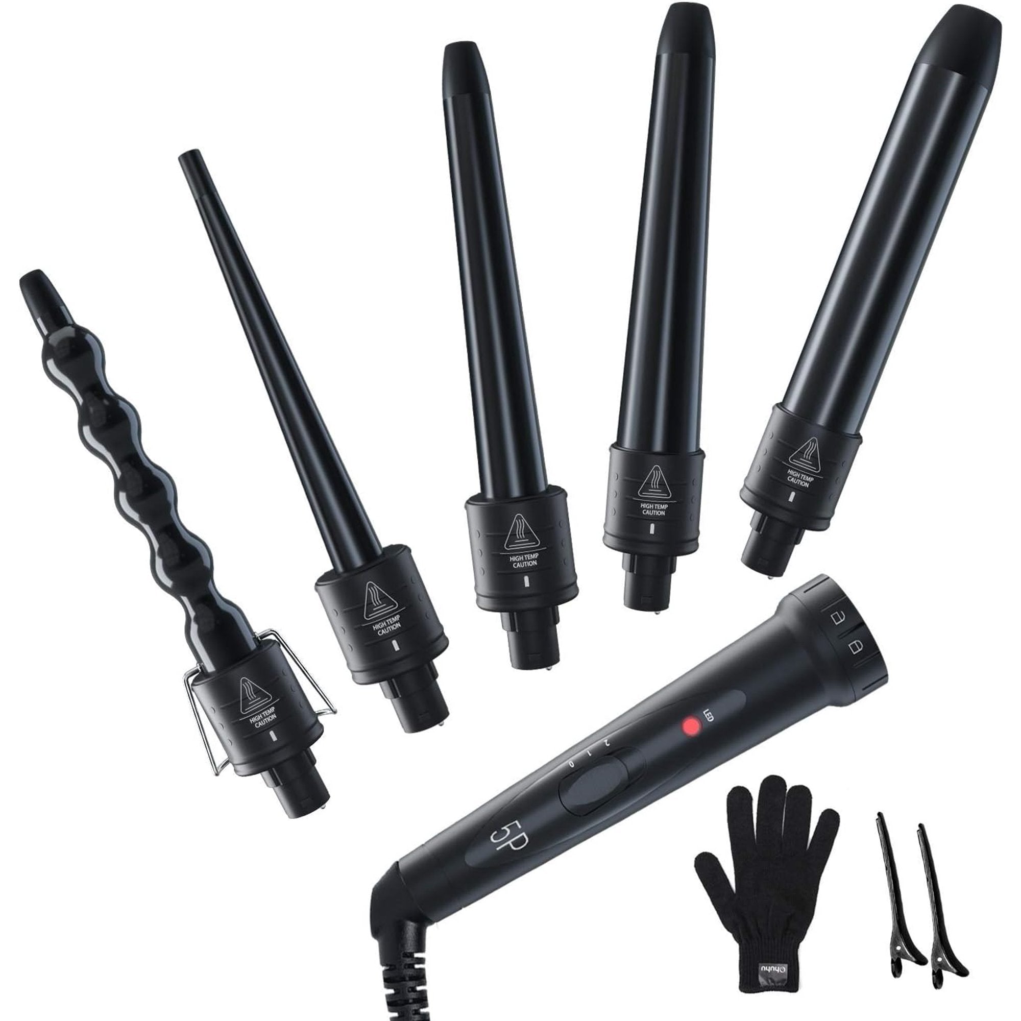 5 in 1 Curling Iron Wand 5Pcs 0.35 to 1.25 Inch Interchangeable Ceramic Barrel Heat Protective Glove 2 Clips Dual Voltage Hair Curler for Girls Women Valentine's Day Gift Black