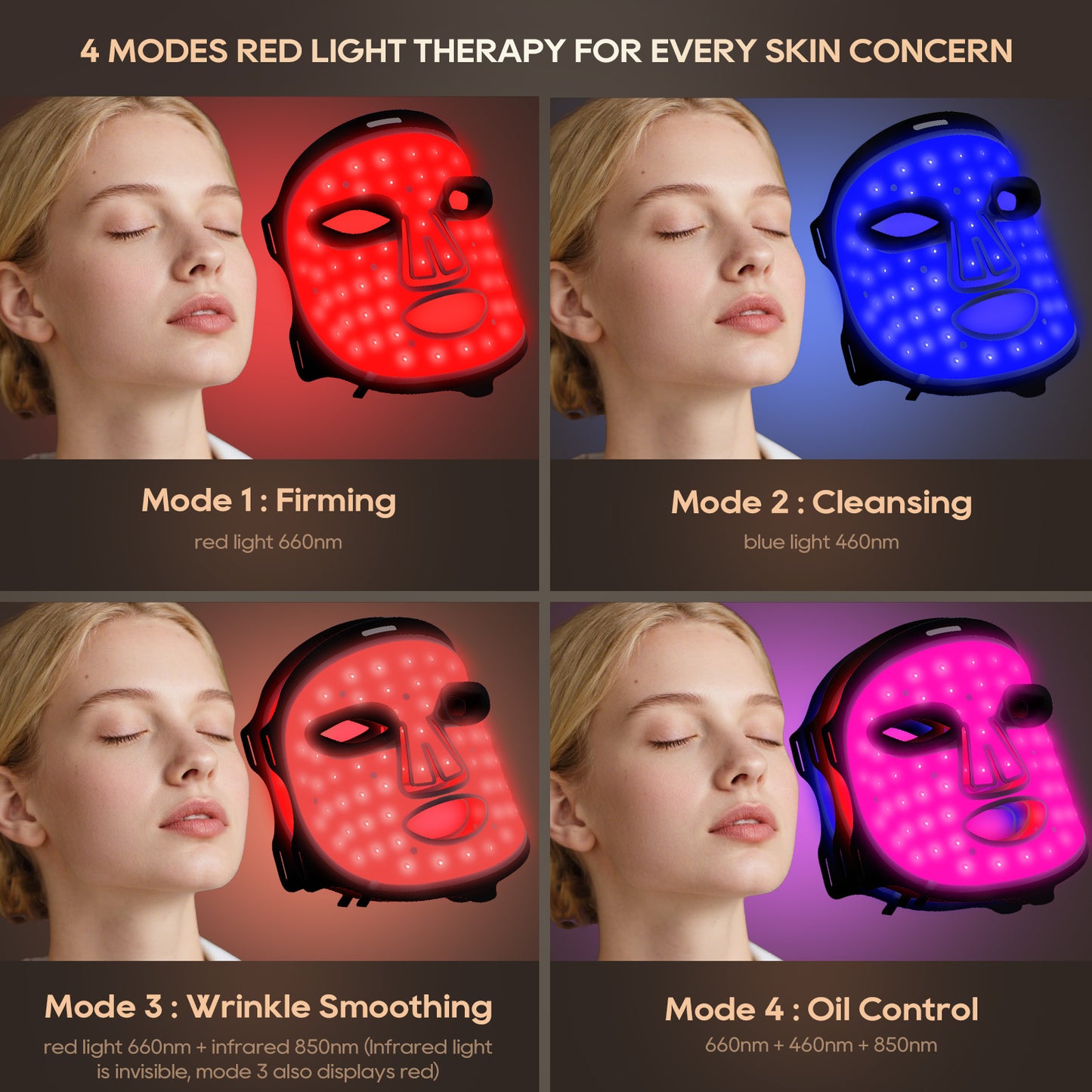 Red Light Therapy for Face, 4 Modes Led Face Mask Light Therapy with Remote