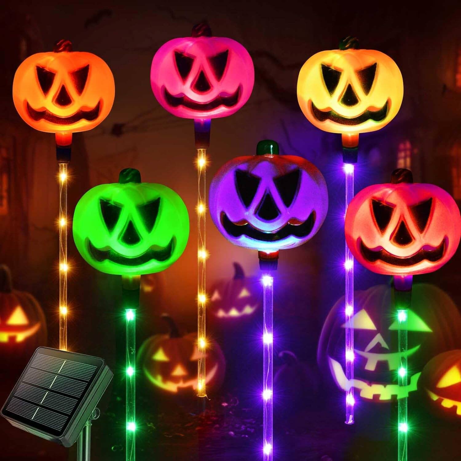 6 Pack Solar Pumpkin Pathway Lights for Halloween Decorations Outdoor, Color Changing Outdoor Halloween Lights, Light up Jack O Lantern Pumpkins for Halloween Party Porch Yard Decorations