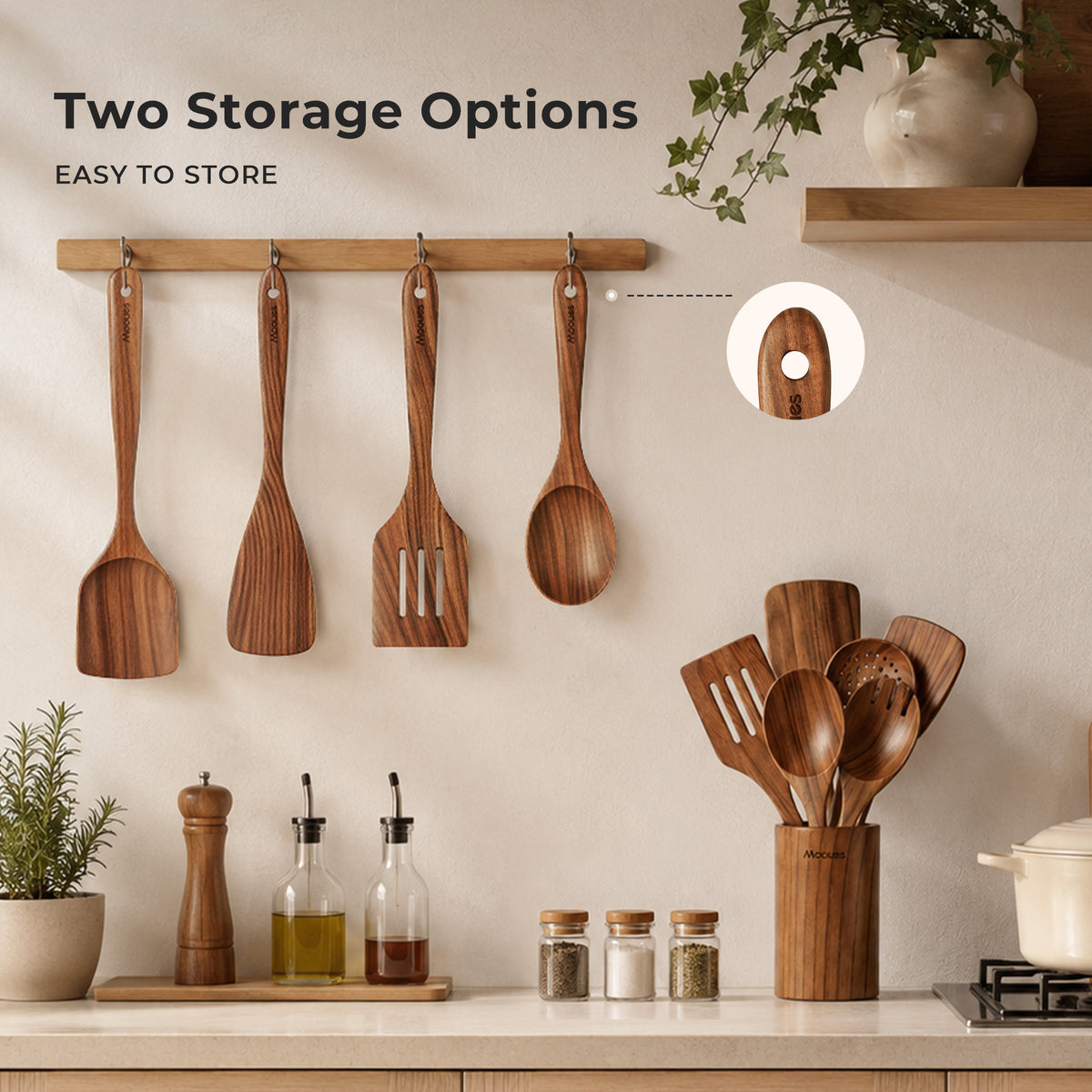 9-Piece Natural Teak Utensil Set with Spoon Rest