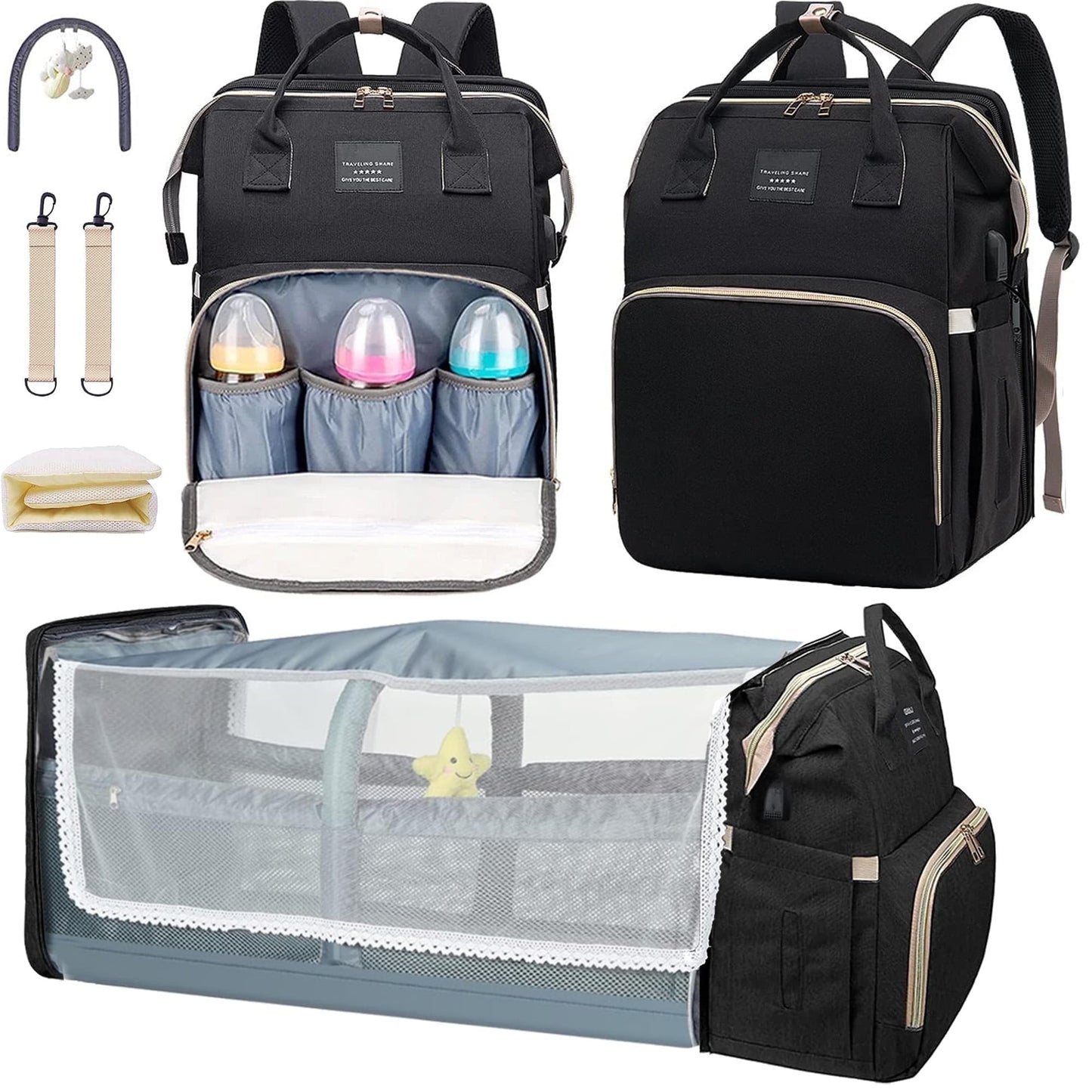 Baby Diaper Bag Backpack with Changing Station, Large Capacity Baby Bag, Waterproof Travel Backpack with USB Charging Port, Stroller Straps