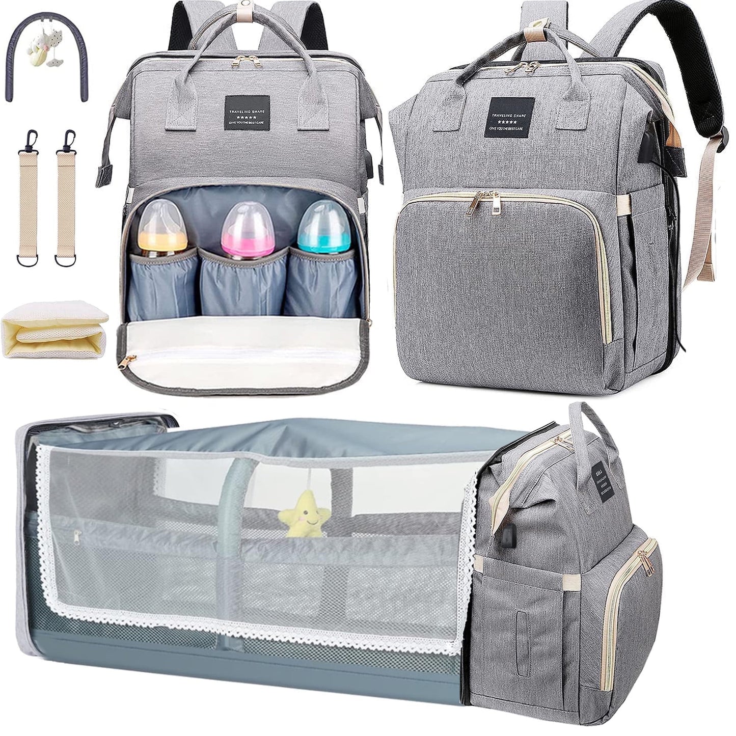 Baby Diaper Bag Backpack with Changing Station, Large Capacity Baby Bag, Waterproof Travel Backpack with USB Charging Port, Stroller Straps