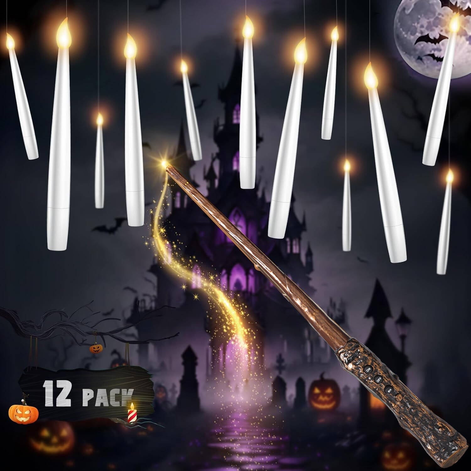 20 Pcs Floating Candles with Wand, Room Decor, Flameless Candles, Candelabra LED Candle with Wand Control, Magic Hanging Decorations for Birthday, Party, Halloween, Christmas, Easter