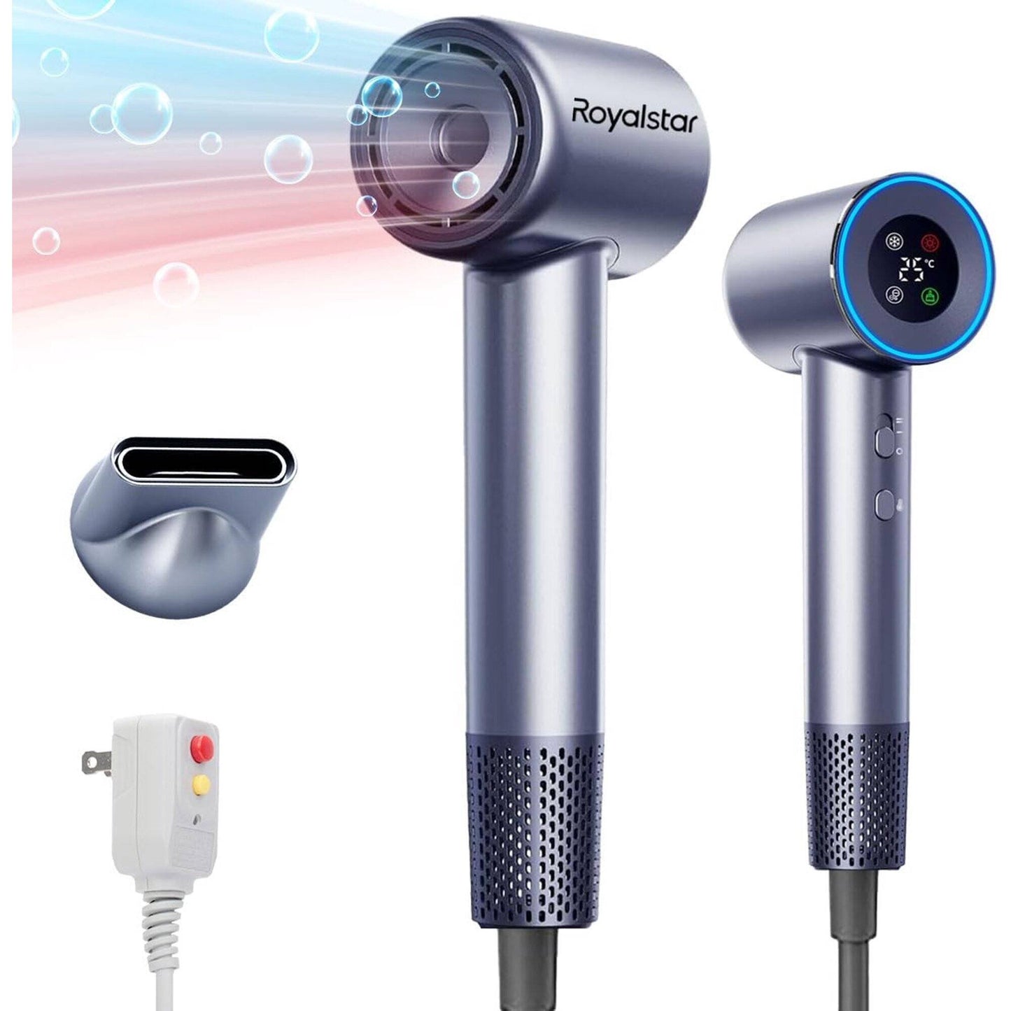 Hair Dryer, Blow Dryer Negative Ionic Care Hair Dryer for Fast Drying, Low Noise, HD Display Hairdryer for Curly Straightener, Thermo-Control Hairdryer with Nozzle
