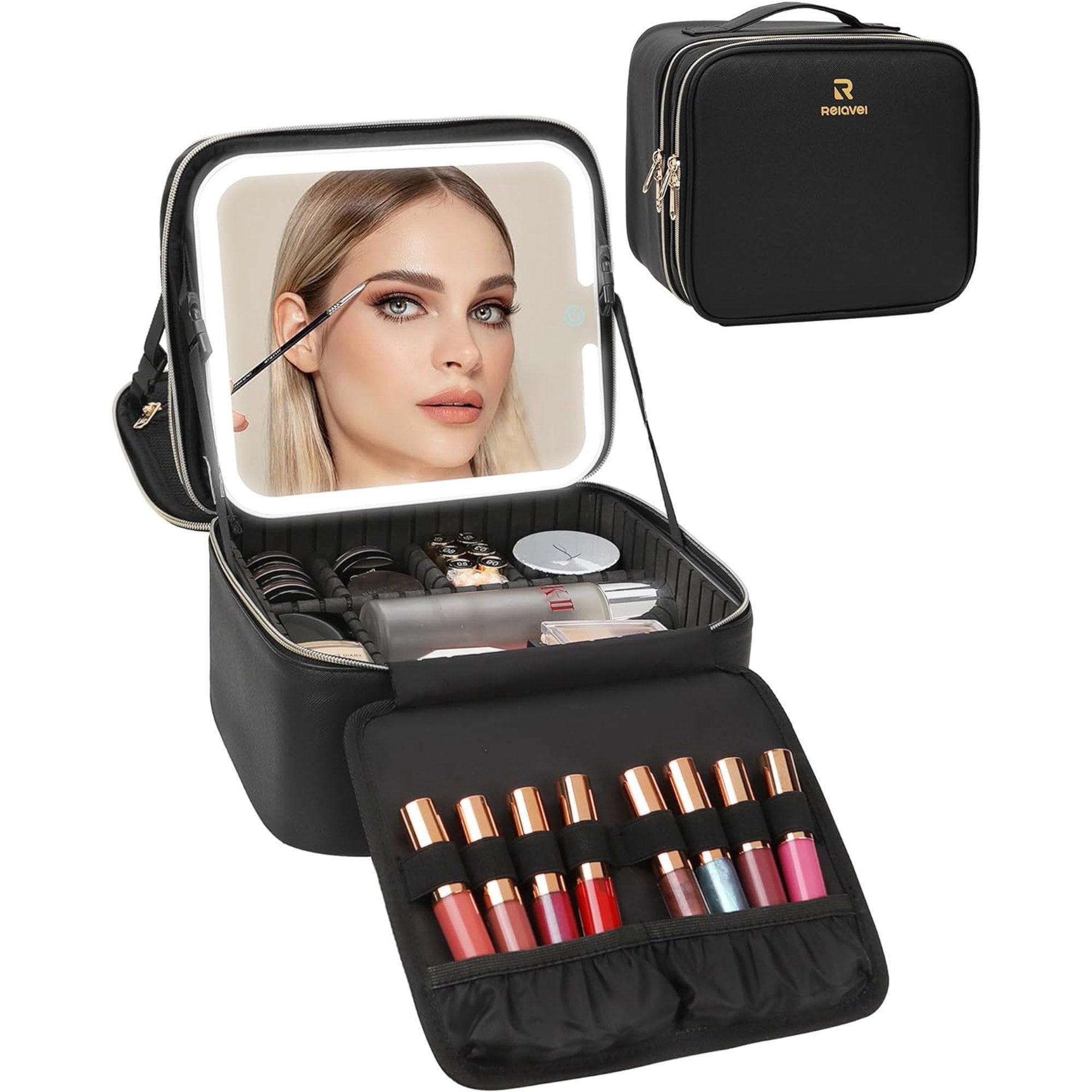 Makeup Bag with LED Mirror, Travel Makeup Case with Rechargeable Lighted Mirror 3 Color Lights, Dual Layer Cosmetic Box Makeup Brush Lipstick Holder Organizer for Women, Leather Black