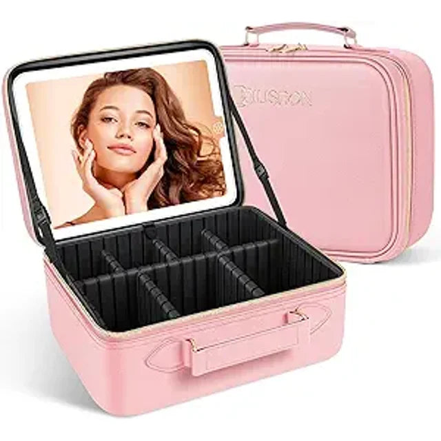 Makeup Bag with LED Mirror, Travel Makeup Case with Rechargeable Lighted Mirror 3 Color Lights, Dual Layer Cosmetic Box Makeup Brush Lipstick Holder Organizer for Women, Leather Black