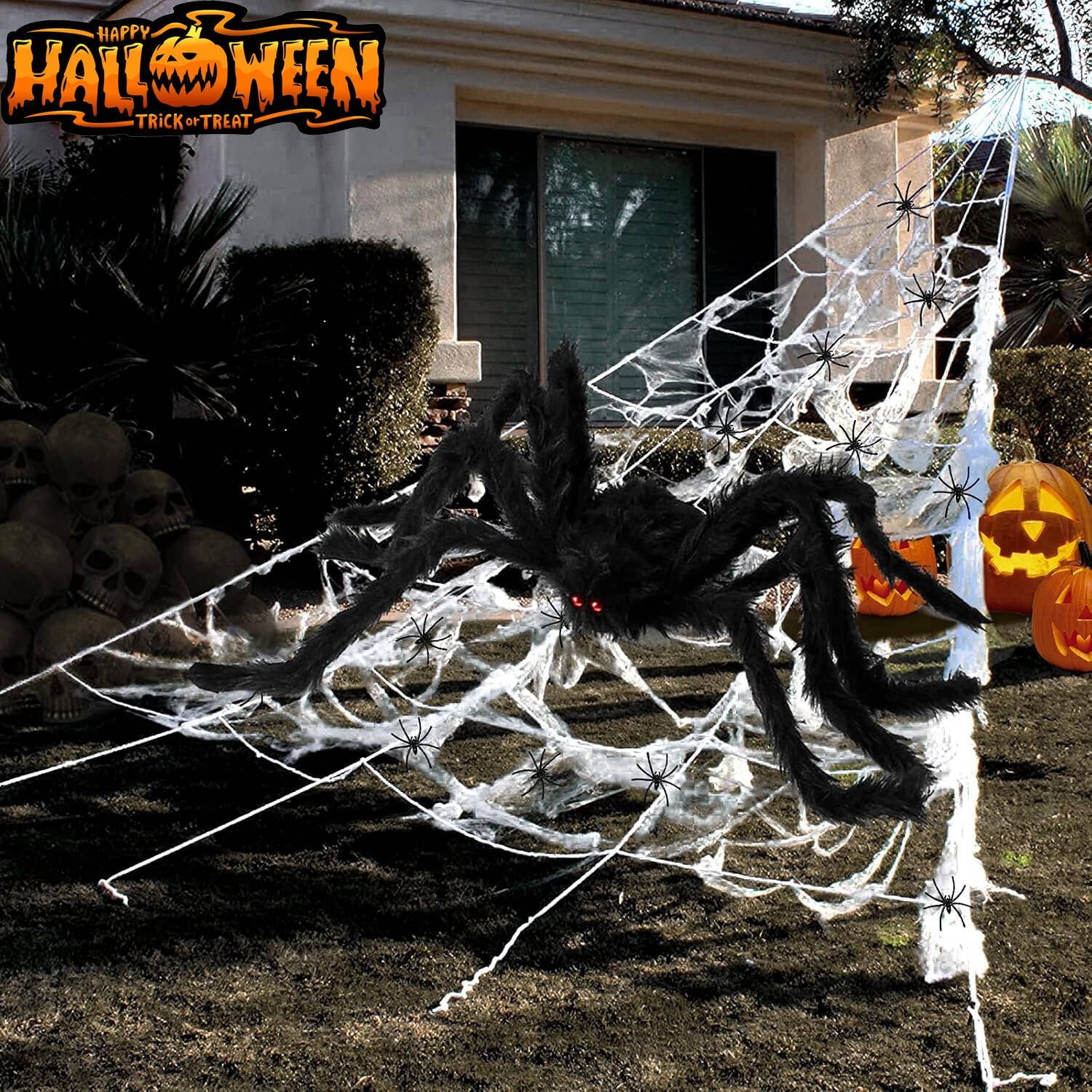 Morfone Halloween Decorations Outdoor 265" Halloween Spider Web Decor 59" Scary Giant Spider 20 Small Fake Spiders 40g Stretch Cobwebs Spider Webs Halloween Decorations for Yard Garden Lawn Party