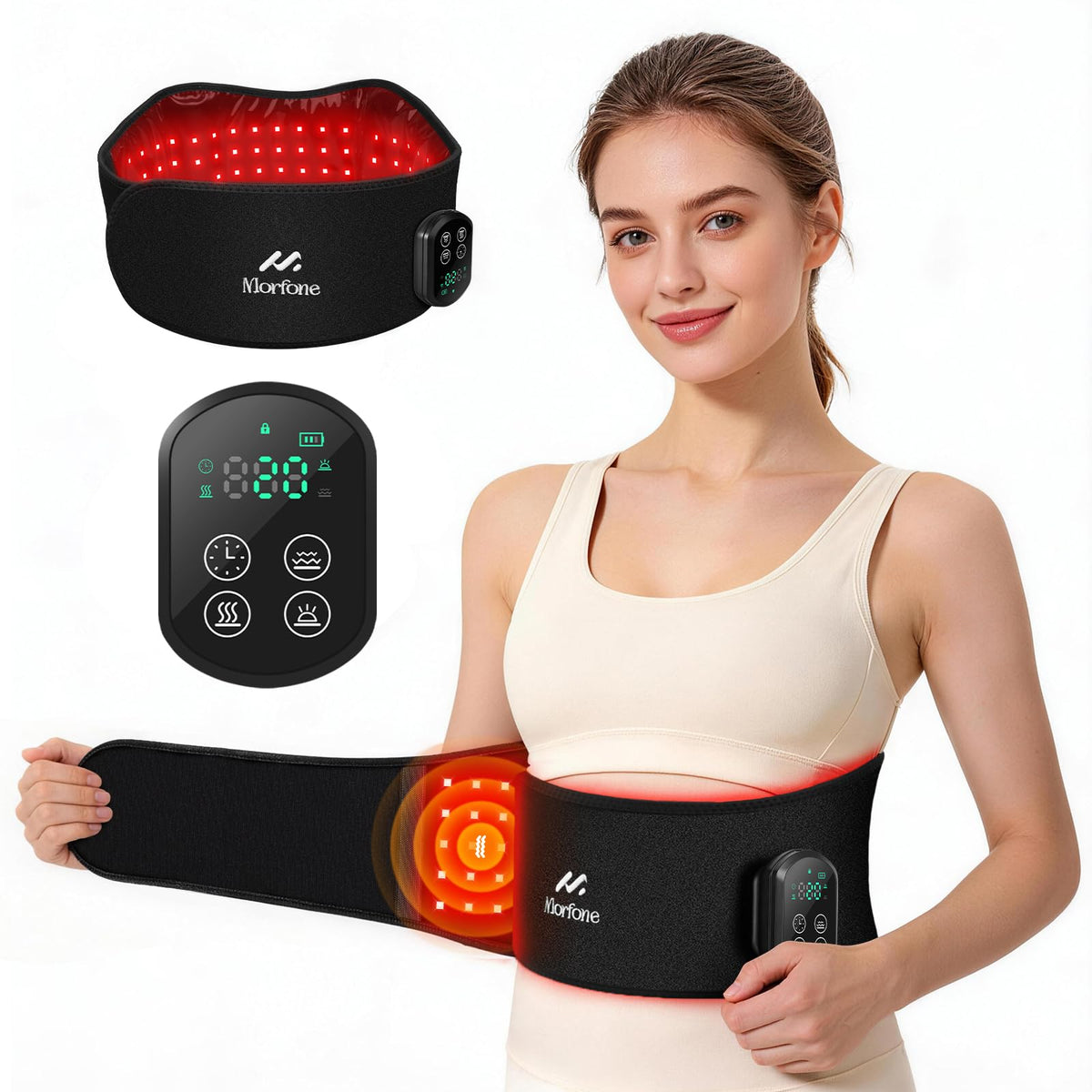 Cordless Red Light Therapy Belt for Body, Heat & Vibration, 660nm 850nm