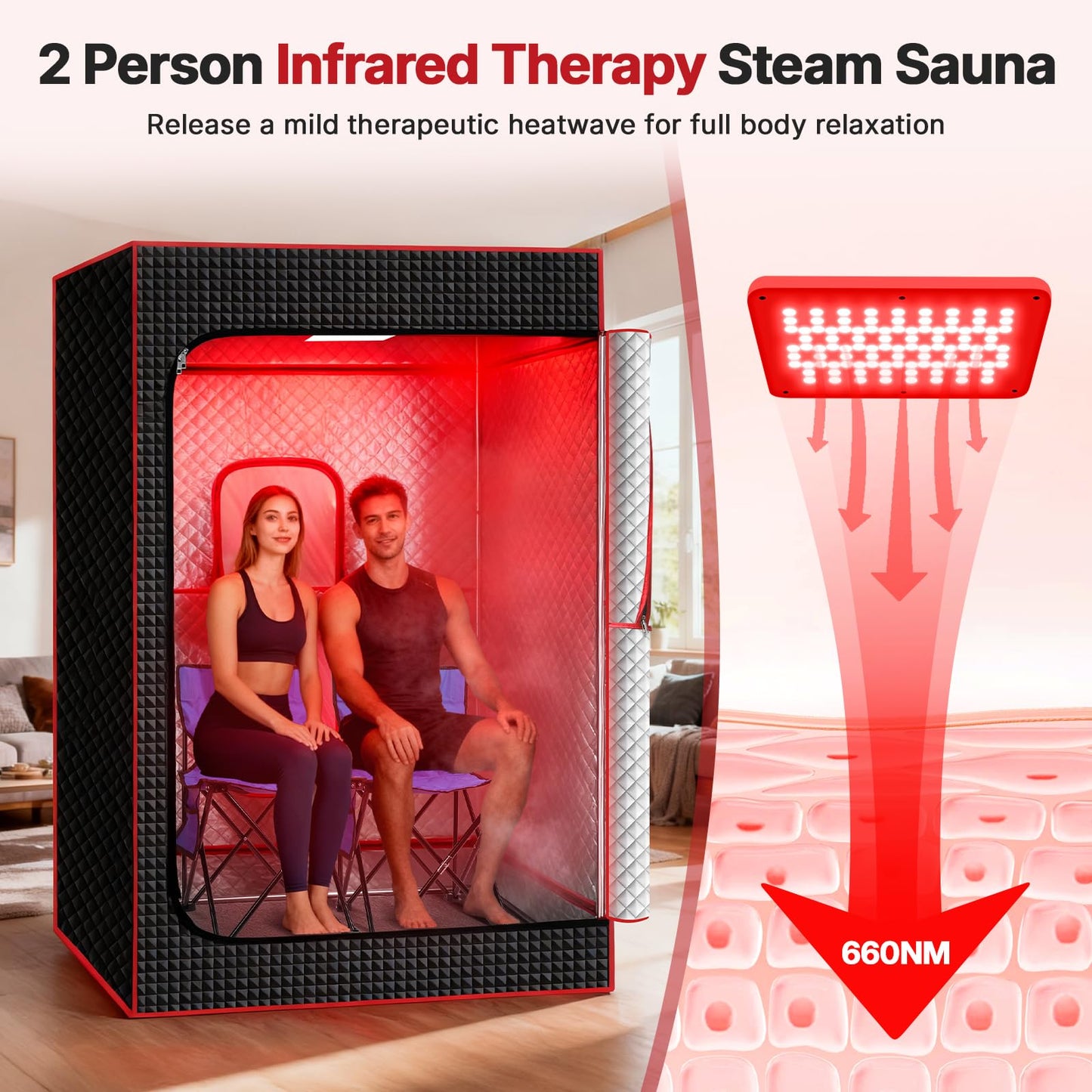 2-Person Portable Infrared Steam Sauna with 660nm Red Light & 2 Steamers