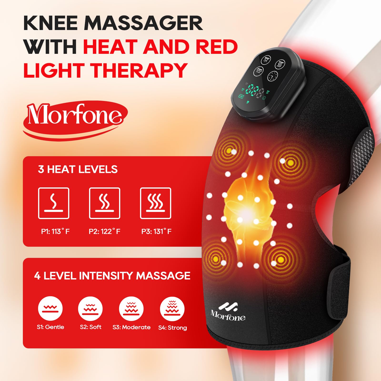 Knee Red Light Therapy - 3 Vibration Modes, 4 Heat Levels, Wireless