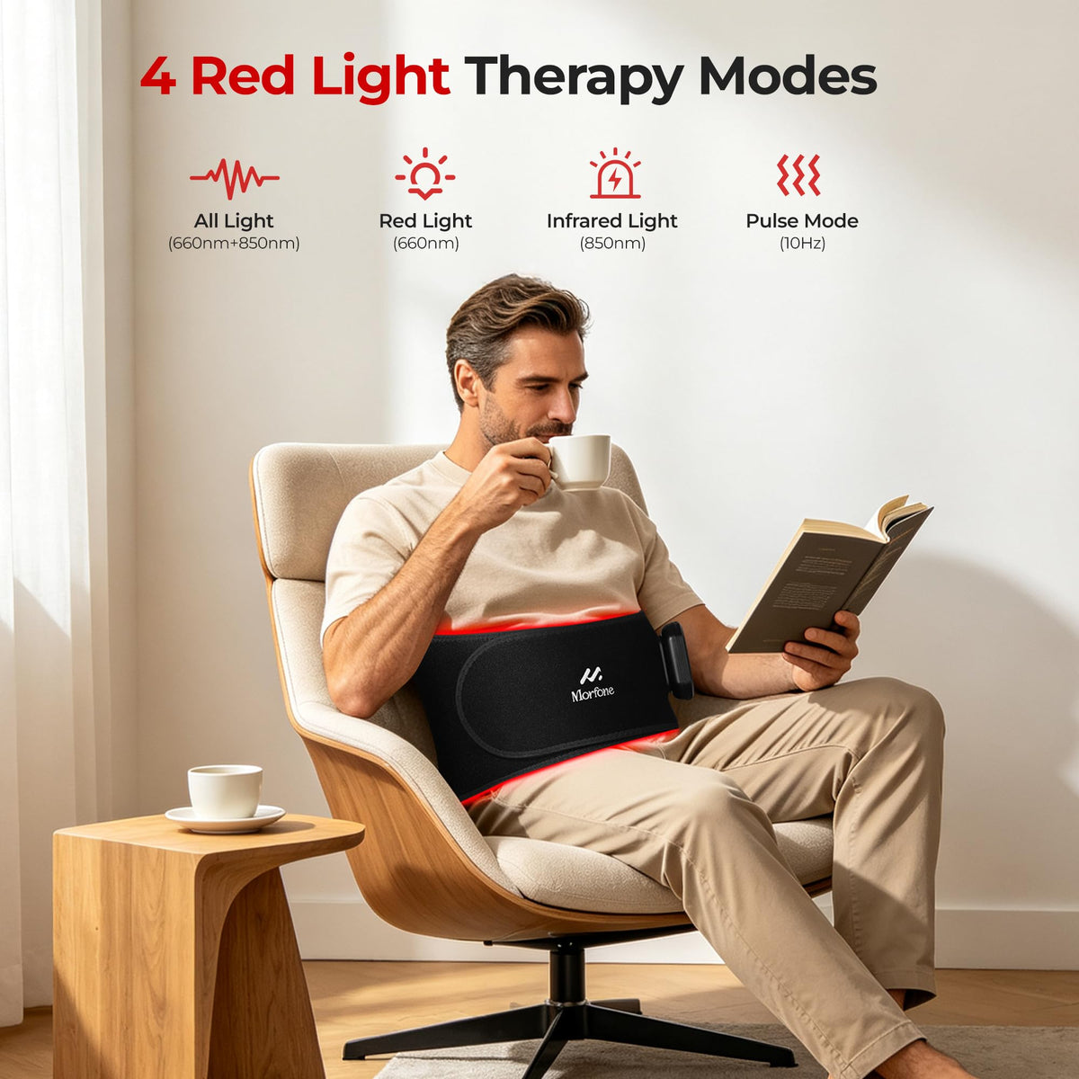Cordless Red Light Therapy Belt for Body, Heat & Vibration, 660nm 850nm