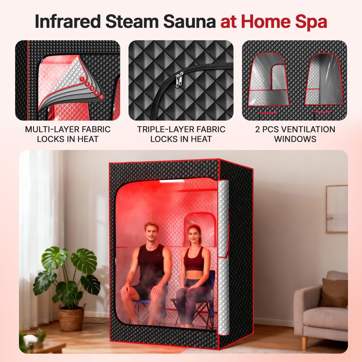 2-Person Portable Infrared Steam Sauna with 660nm Red Light & 2 Steamers