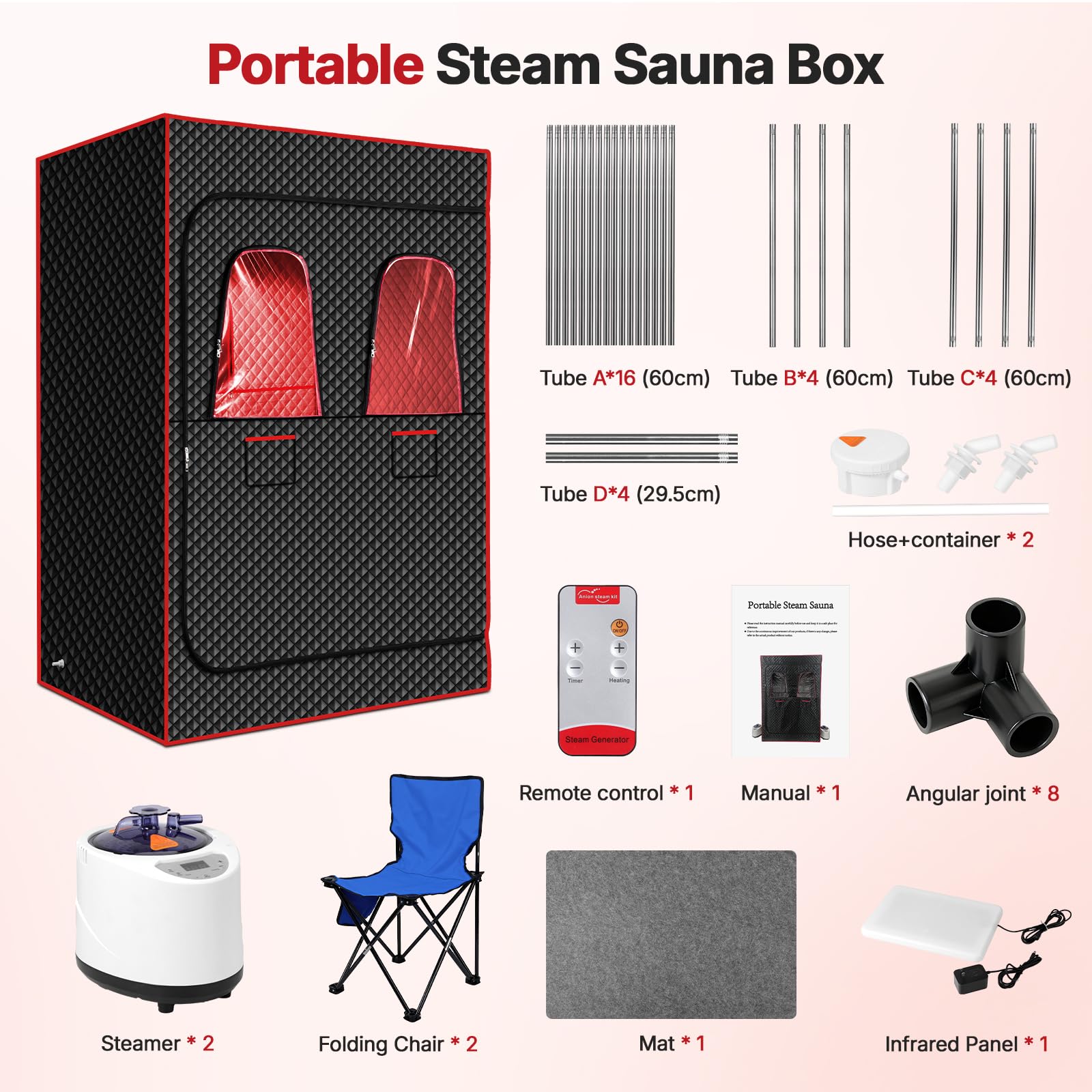 2-Person Portable Infrared Steam Sauna with 660nm Red Light & 2 Steamers