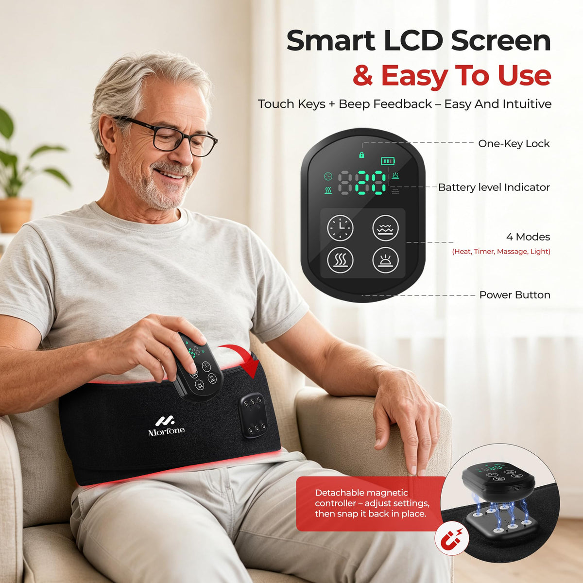 Cordless Red Light Therapy Belt for Body, Heat & Vibration, 660nm 850nm