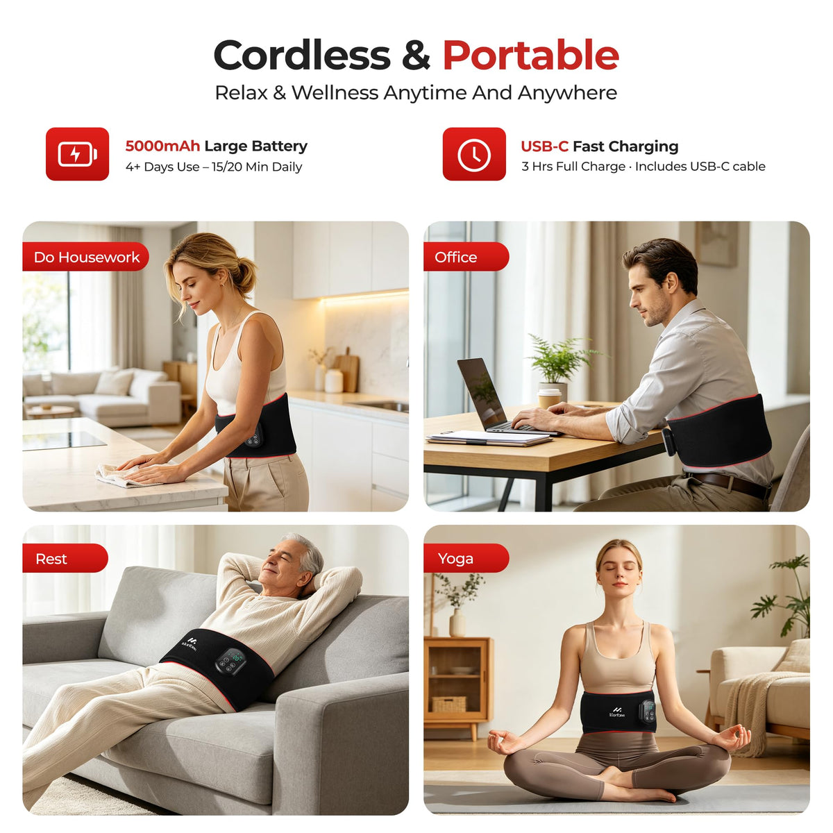 Cordless Red Light Therapy Belt for Body, Heat & Vibration, 660nm 850nm