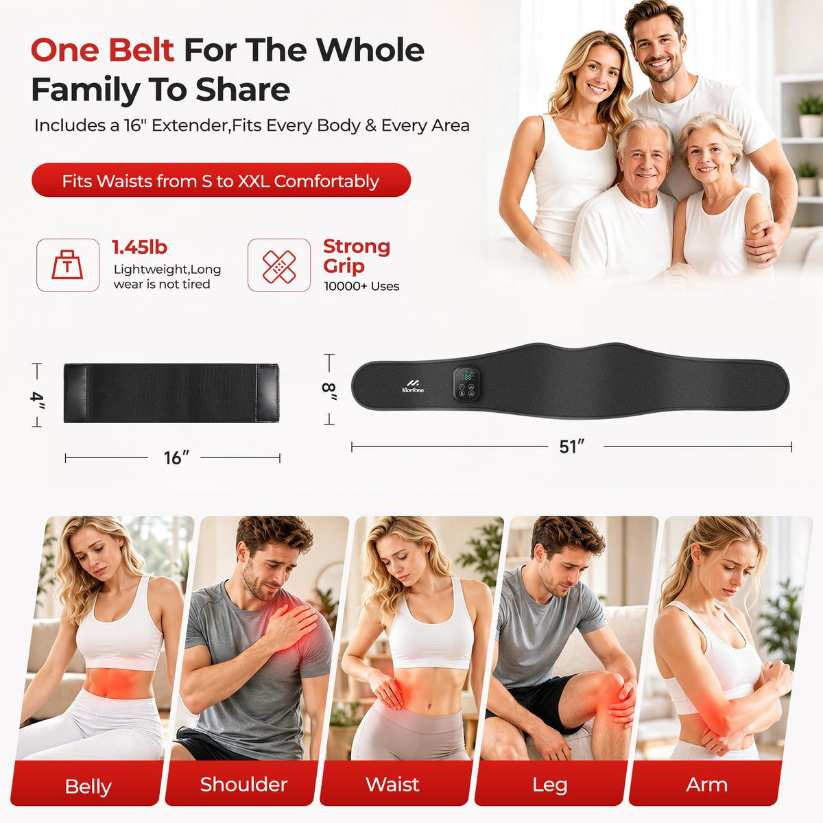 Cordless Red Light Therapy Belt for Body, Heat & Vibration, 660nm 850nm