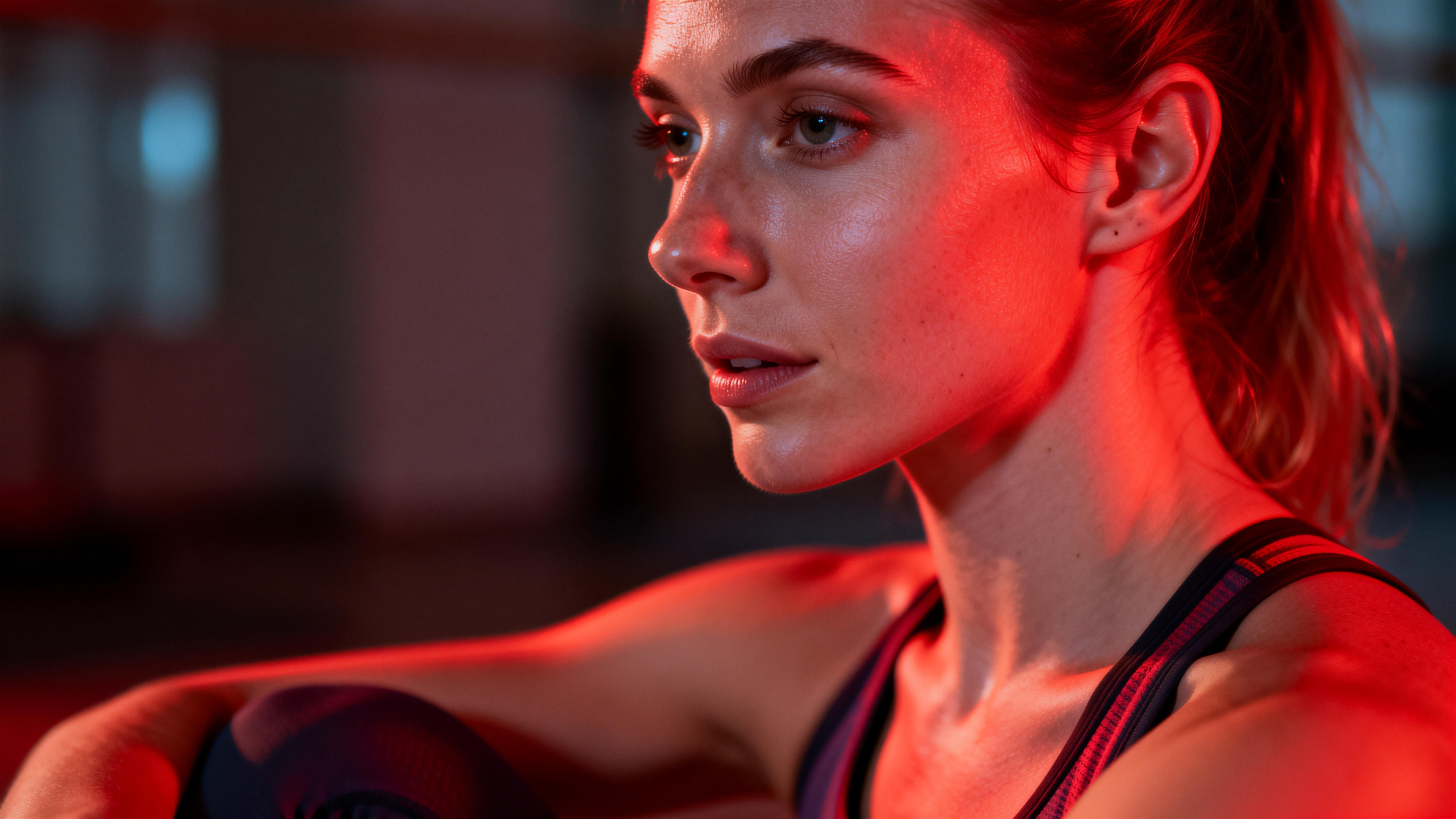 jimeng-2026-01-21-5595-特写镜头，一位白人女性穿着运动瑜伽服，坐在红光灯下。红光均匀地洒在她的面部和颈部....png__PID:3ac1cec0-ae8a-4986-9341-e31ee22f9e04