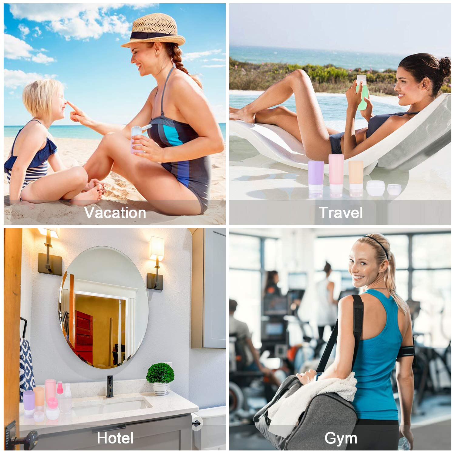Four images: a woman with a child at the beach (Vacation), a woman relaxing by the pool (Travel), a stylish hotel bathroom (Hotel), and a woman entering a gym (Gym).